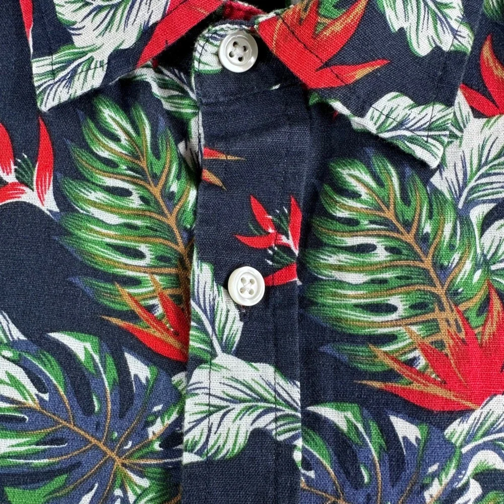 Banana‎ Republic Button Up Mens M Medium Blue Tropical Floral Linen Cotton Slim